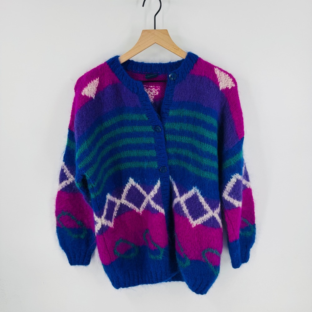 Los Palillos Hand Knitted Wool‎ Acrylic Maximalist Cardigan Sweater Size L Boho